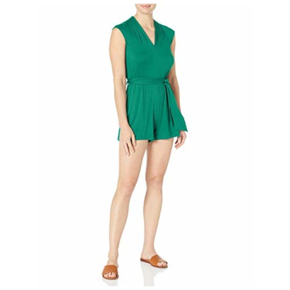 NWT CALVIN KLEIN Womens Green Jersey Belted Cap Sleeve V Neck Wide Leg Romper 8